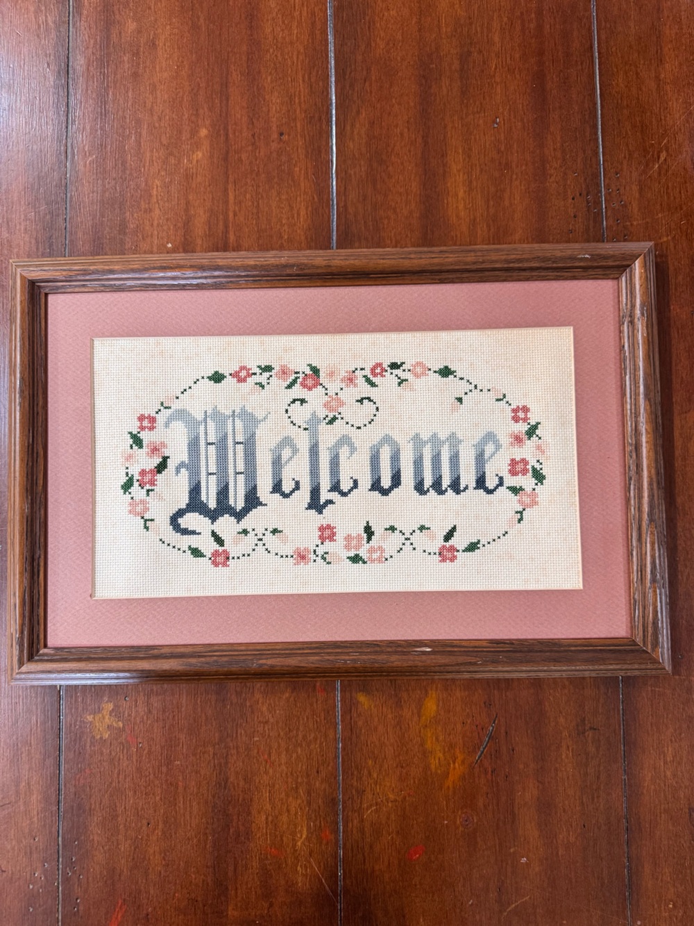 Vintage 1995 Welcome Cross Stitch Framed Floral Cottagecore Wall Art 18x12